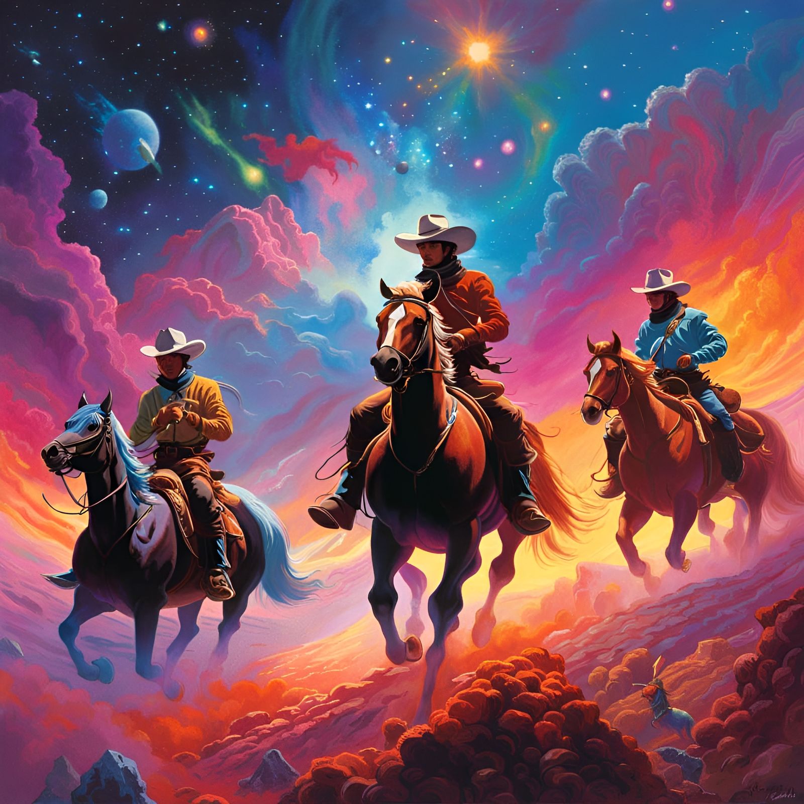 Cowboys Galloping Through a Colorful Space Nebula