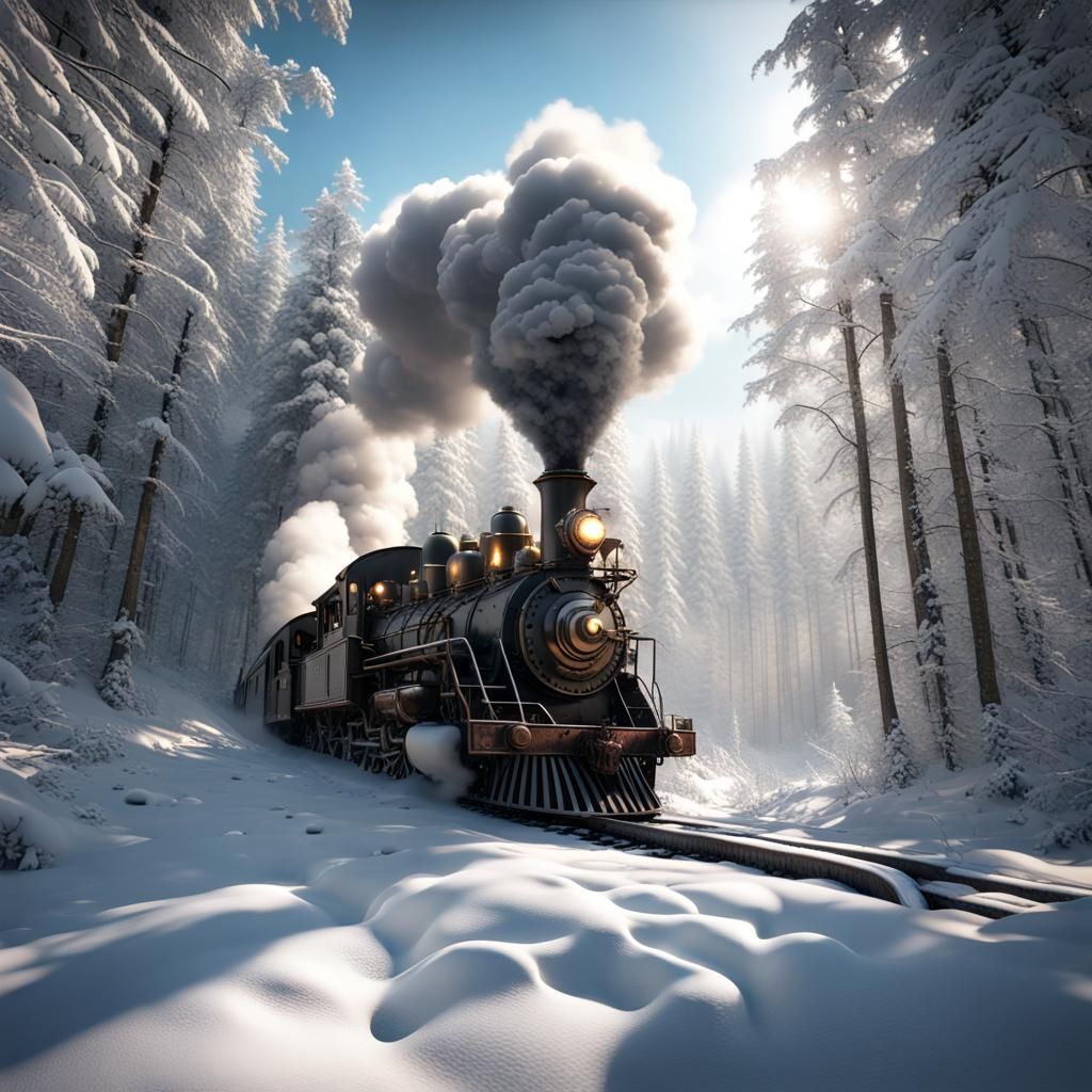 Steampunk Train Through Snowy Forest in Digital Painting