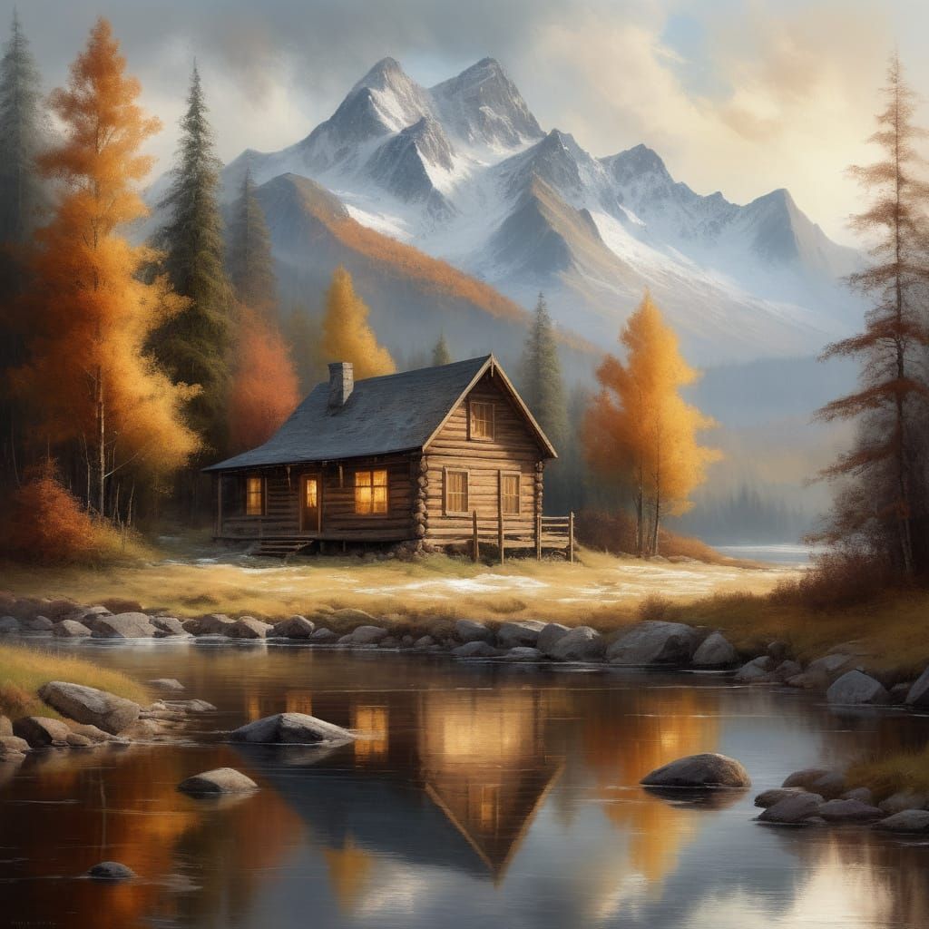 Serene Autumn River Landscape with Wooden Cabin and Mountain...