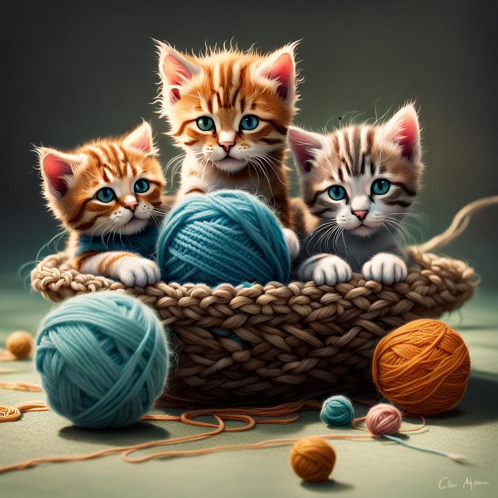 Chibi Kittens Playing with Wool: Whimsical Art