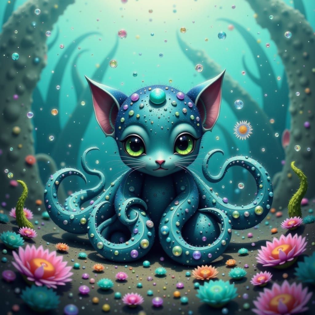 Turquoise Octopus Cat in Bioluminescent Ocean, Digital Art