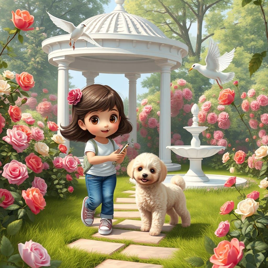 Girl, Puppy, and Bird in Lush Garden: 3D Anime Art