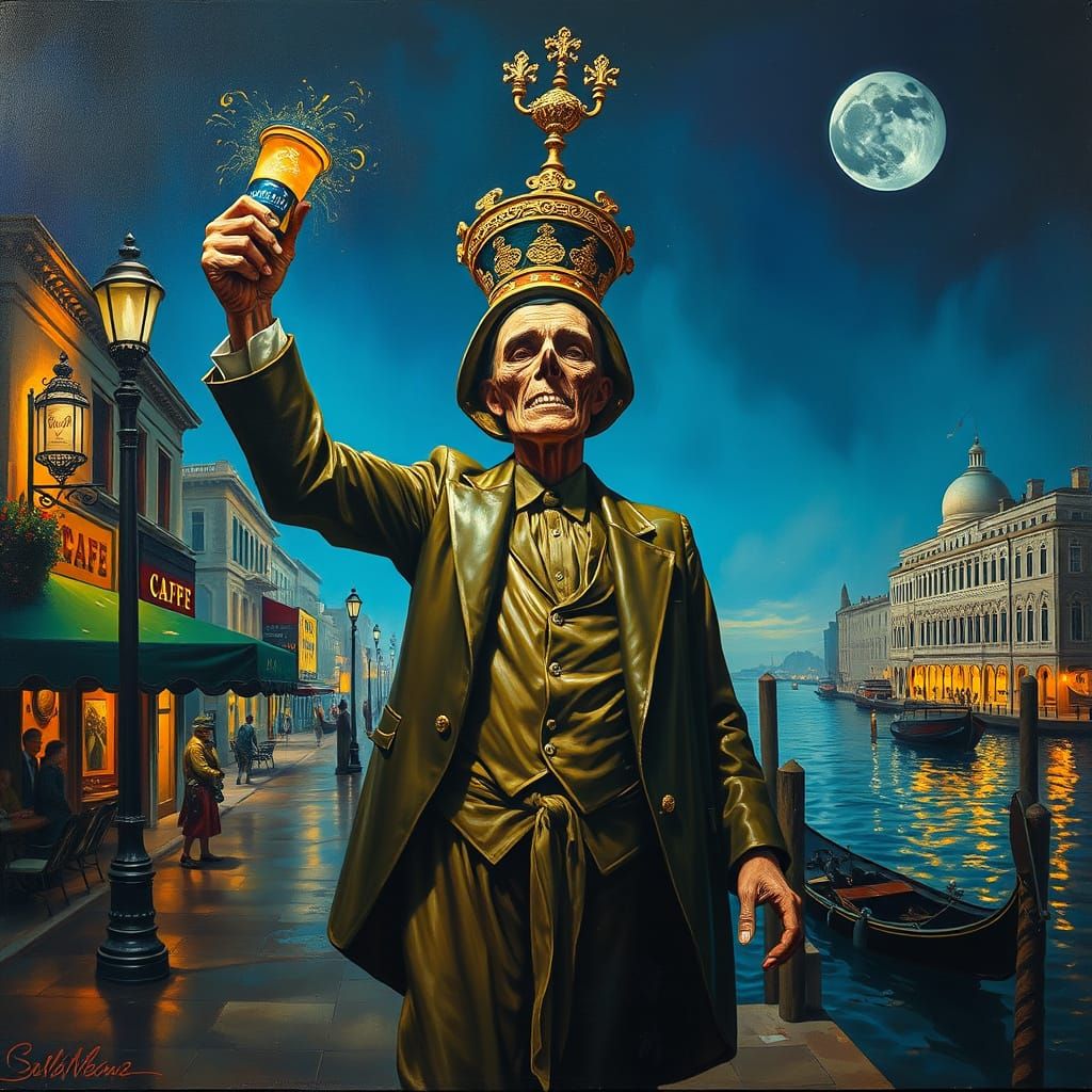 Surreal Figure Claims Credits in Dreamlike Cityscape