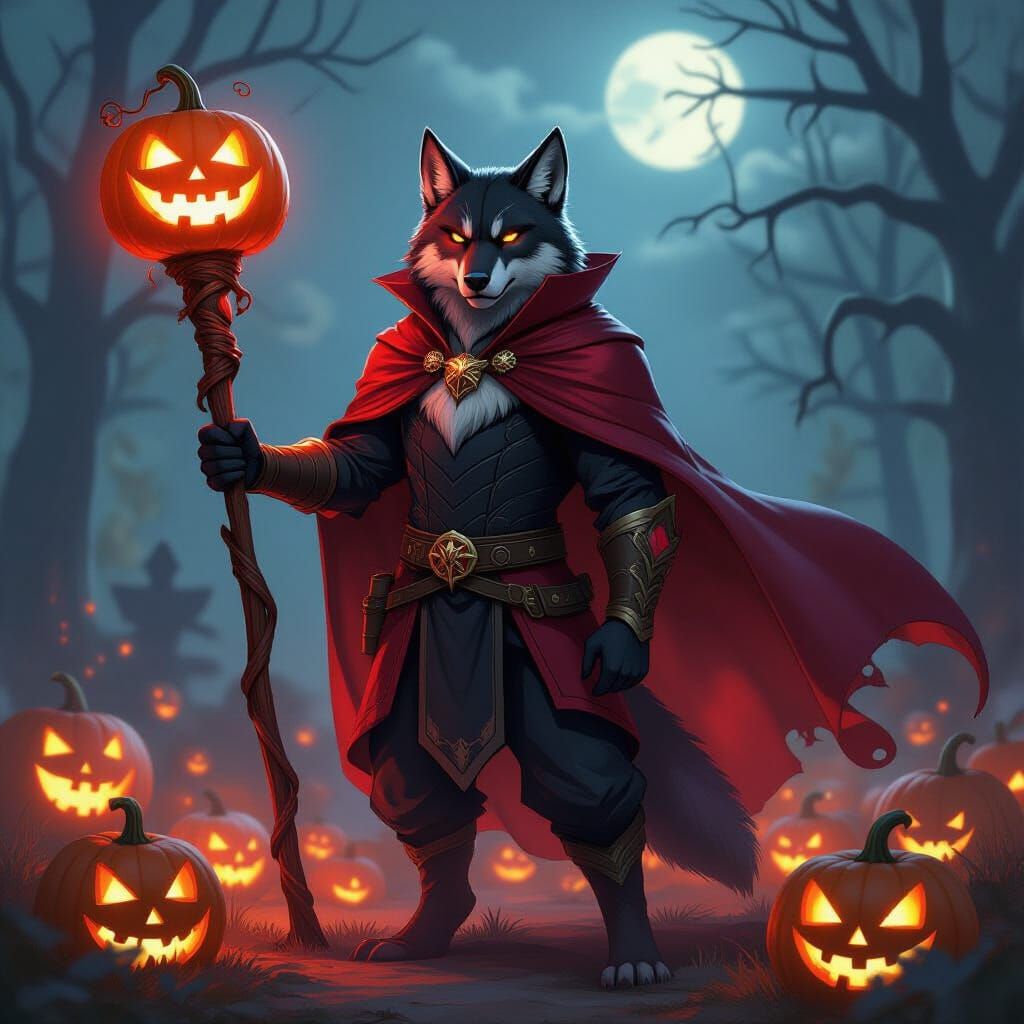 Wolf Panther King with Glowing Cape and Pumpkin Staff