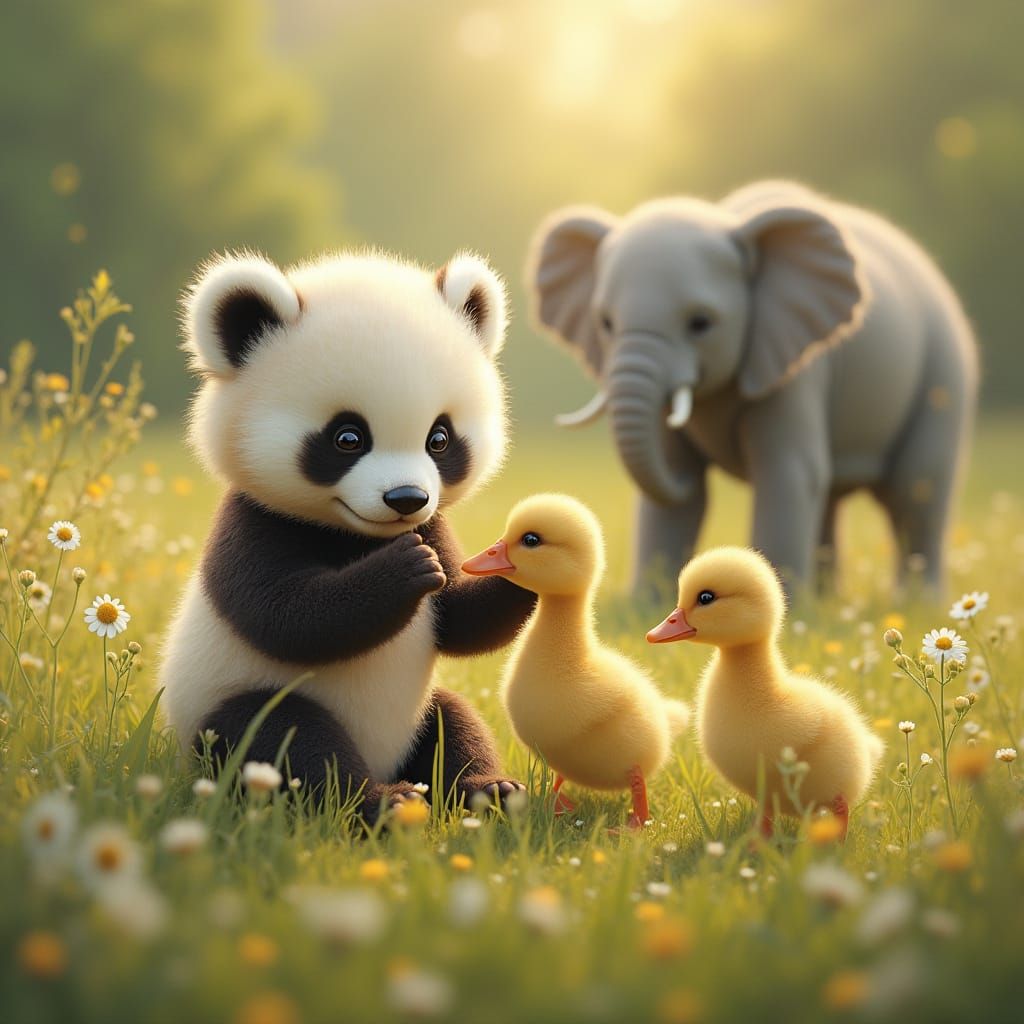 Miniature Animals Play in Lush Meadow, Photorealistic
