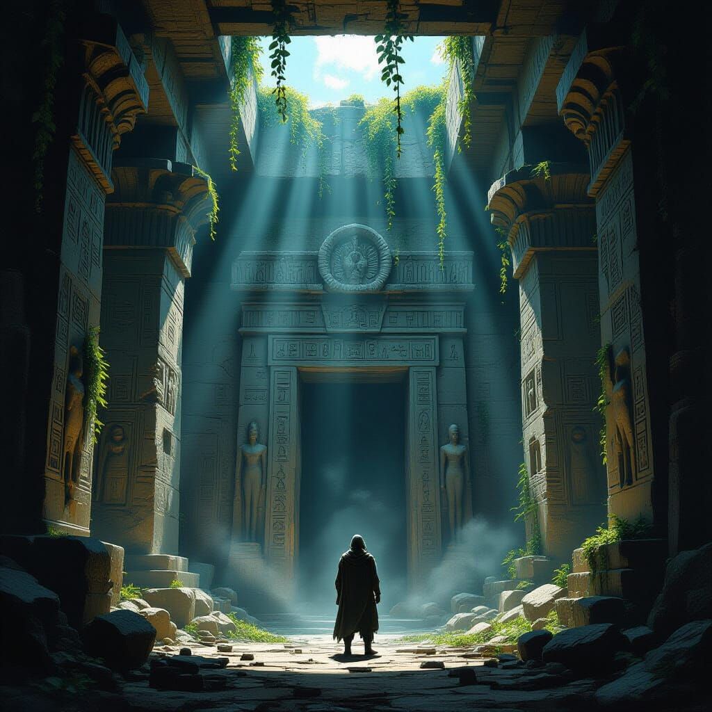 Explorer at Colossal Temple Entrance in Dark Fantasy Style