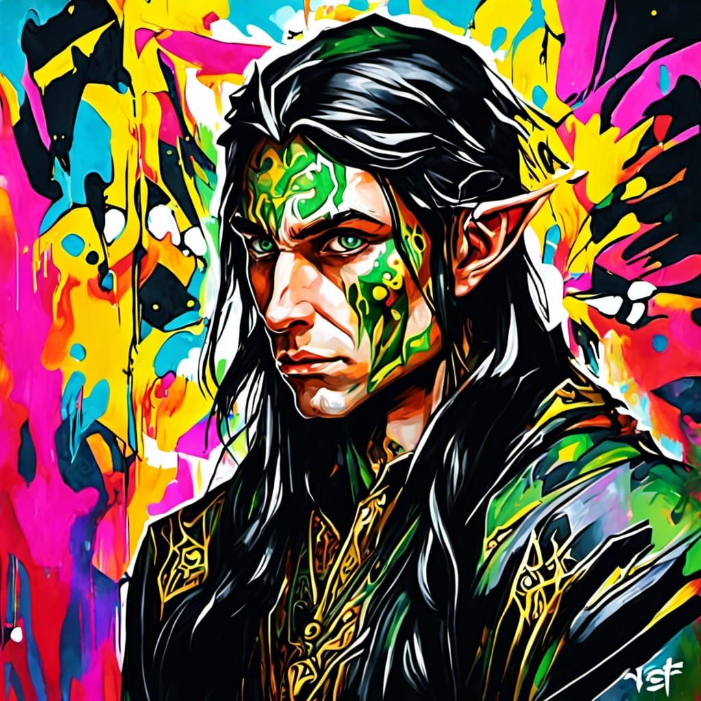 Elven Wizard Portrait in Graffiti Art Style