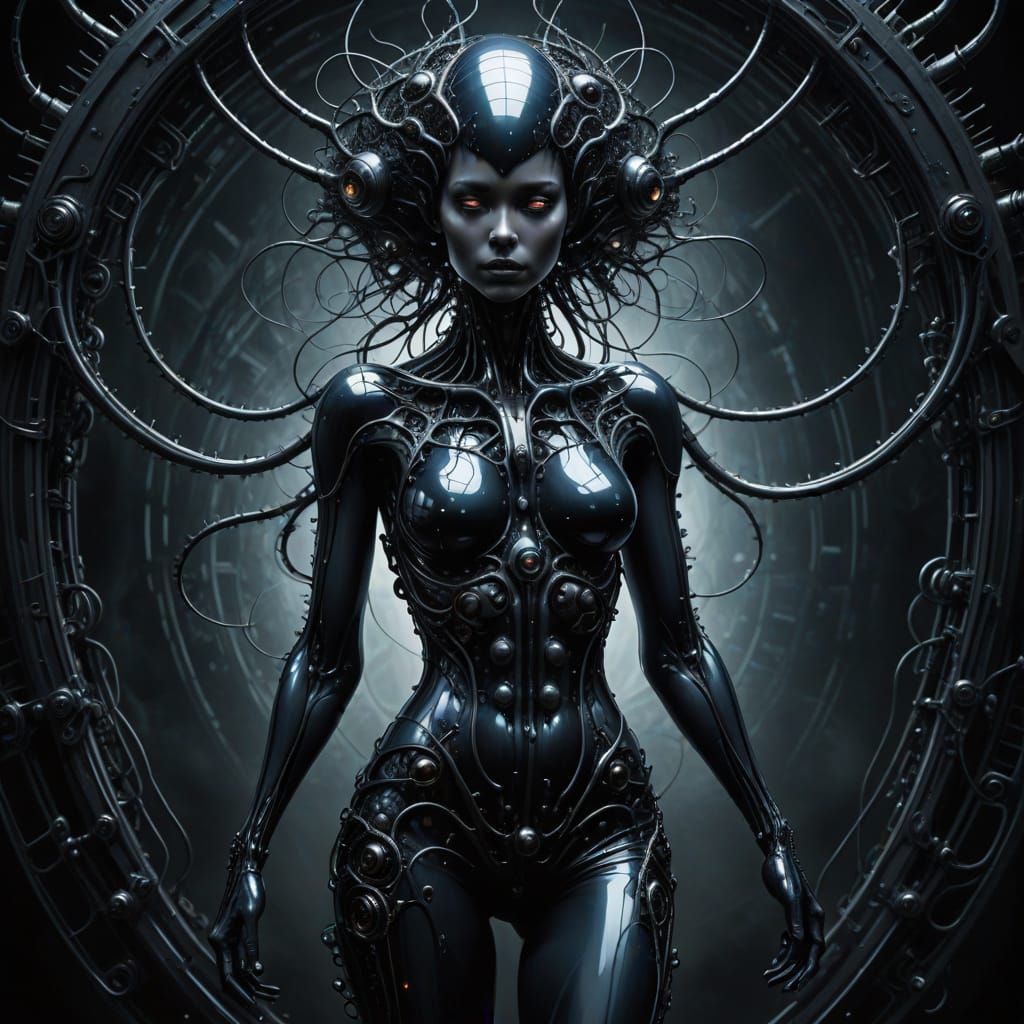 Biomechanical Goddess in Dark Futuristic Dreamscape