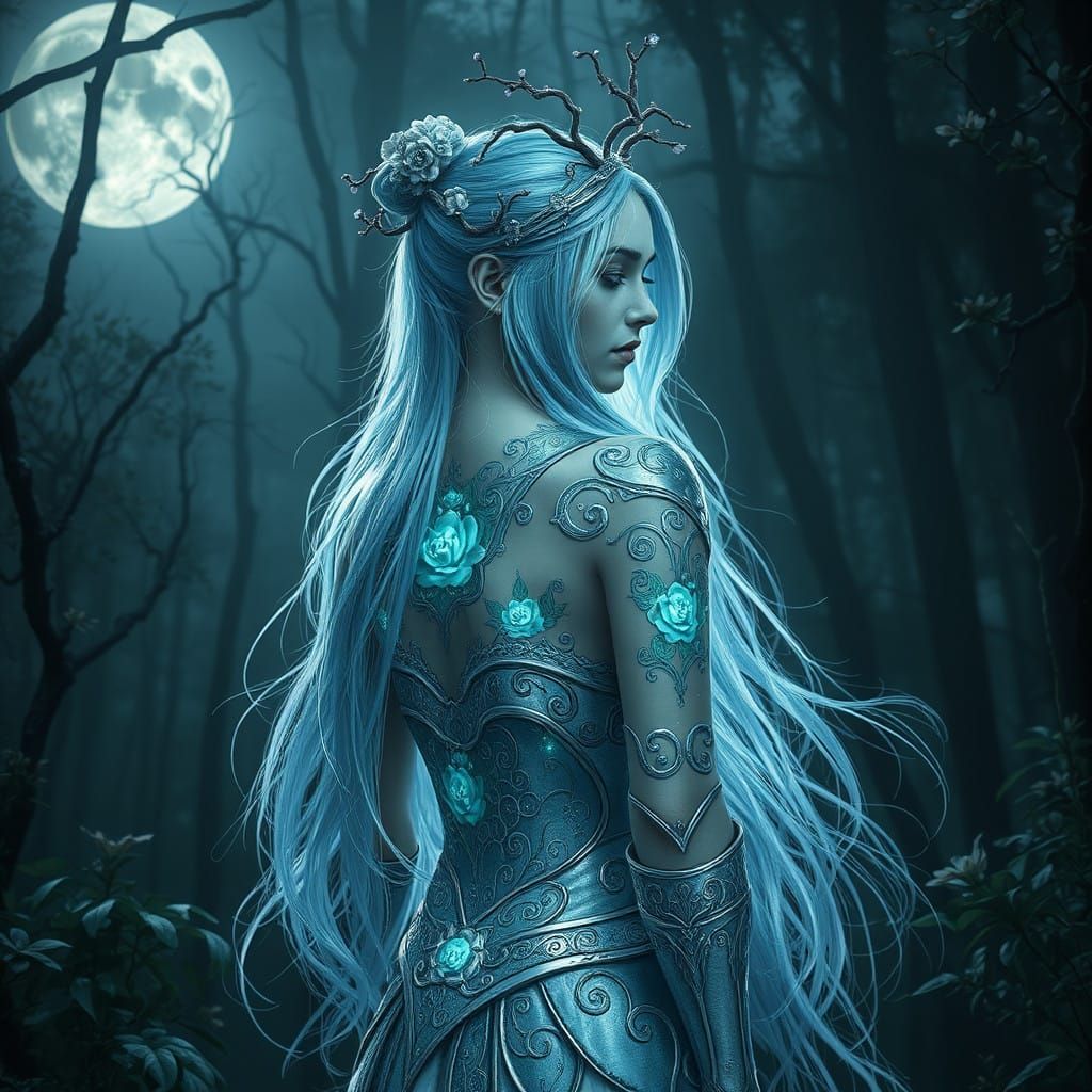 Moonlit Mystical Being in Silver Armor Steps into Forest Vie...