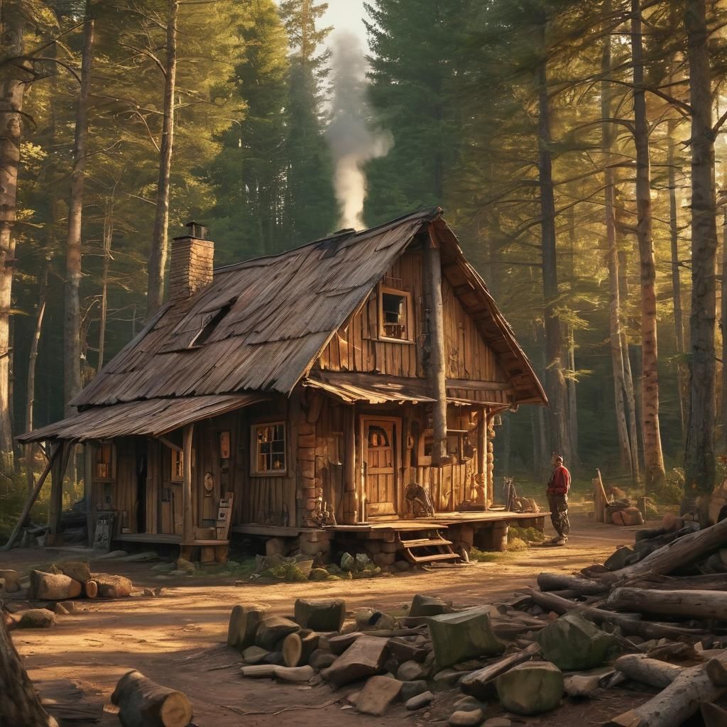 Lumberjack's Shack in Whimsical Folk Art Style