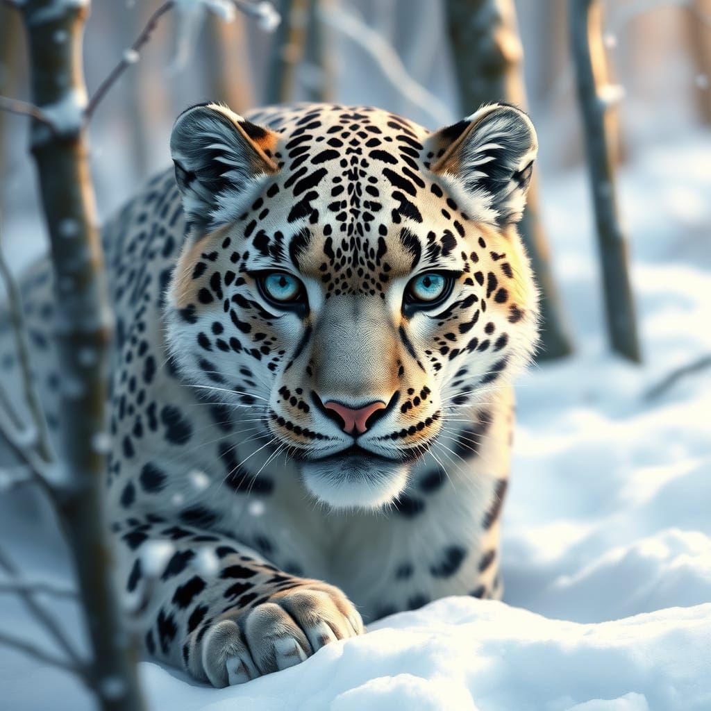 very realistic representation of a snow leopard with small black spots and fascinating blue eyes. The snow leopard is de...