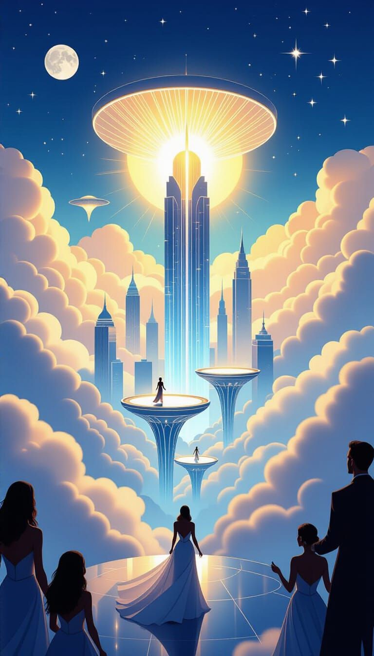 Futuristic Art Deco Floating City with Dancers