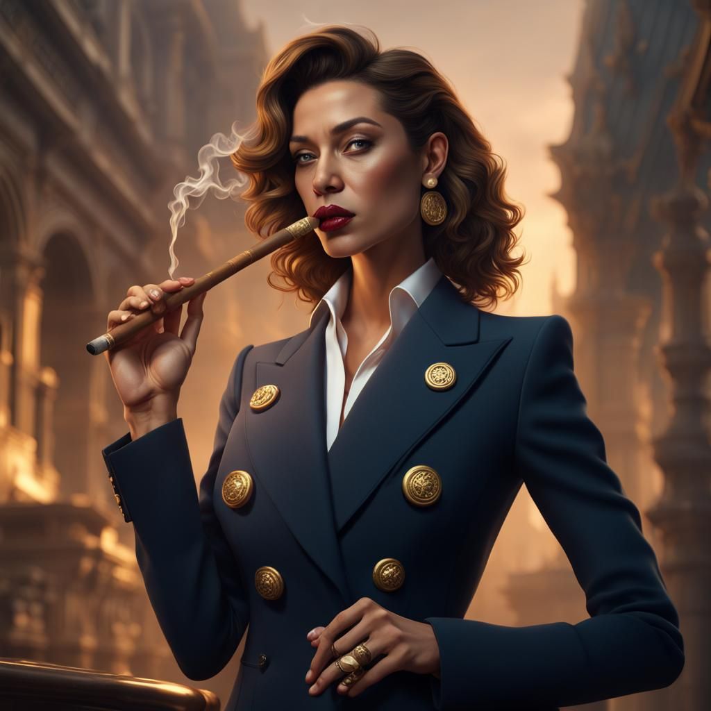 Businesswoman Smoking Cigar in Detailed Matte Painting