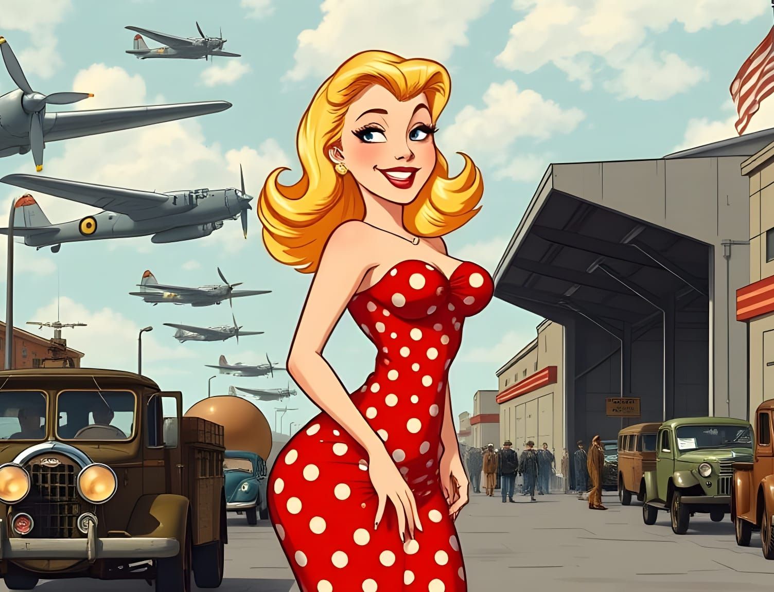 Playful Pin-Up Girl in 1940s Army Base Setting
