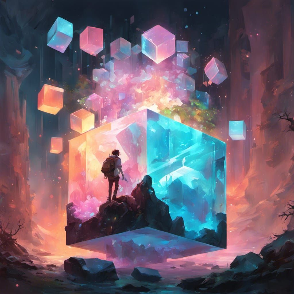 Glowing Cube Fantasy Landscape, Digital Art