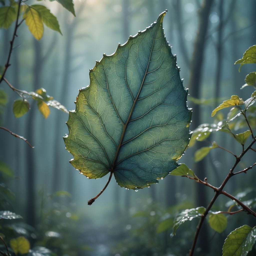 Dewy Leaf Macro in Oil Painting Style