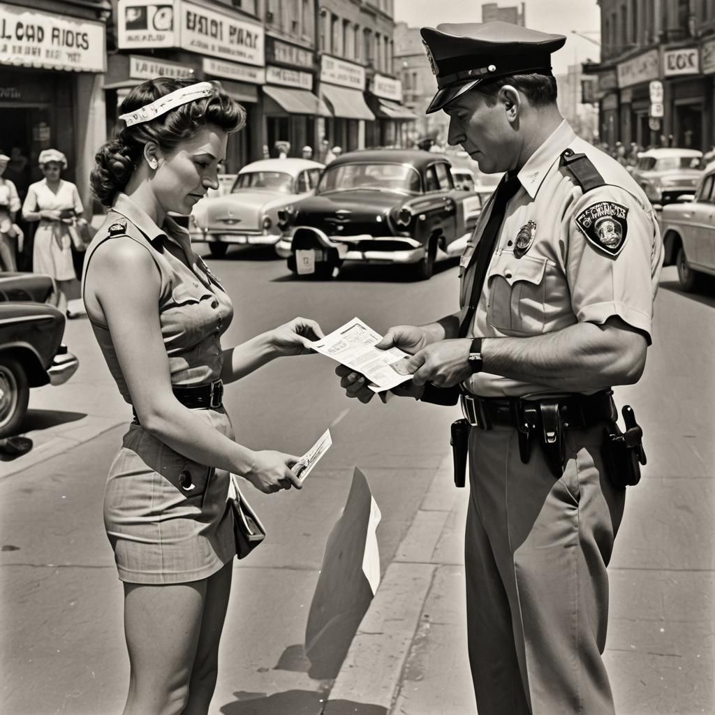 Police Officer Issues Bikini Ticket, 1957 Photorealism