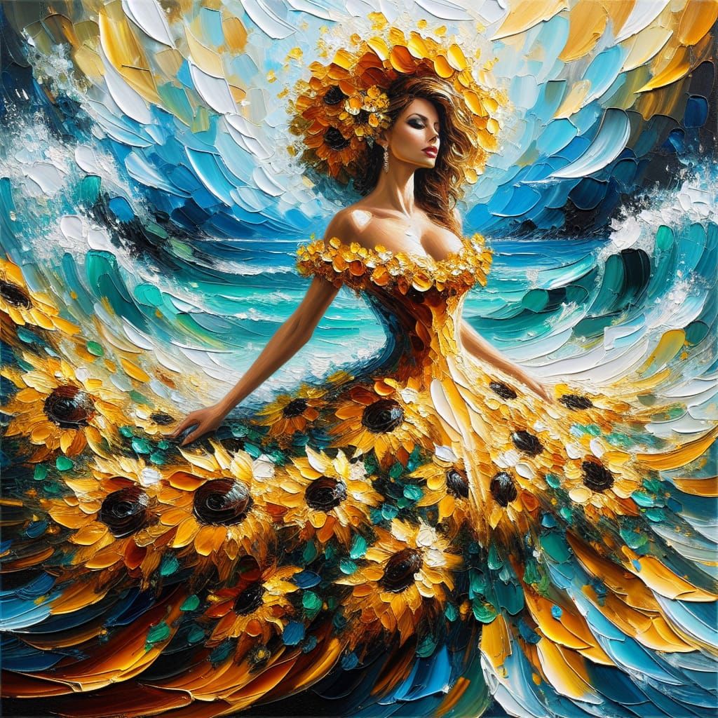 Exquisite Impasto Painting of Woman in Sunflower Dress