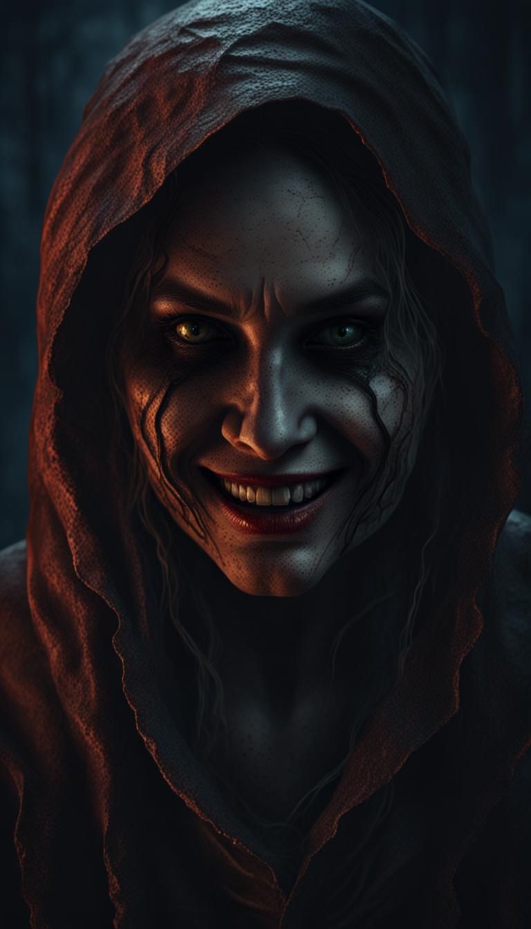 Eerie Woman's Face with a Sinister Smile