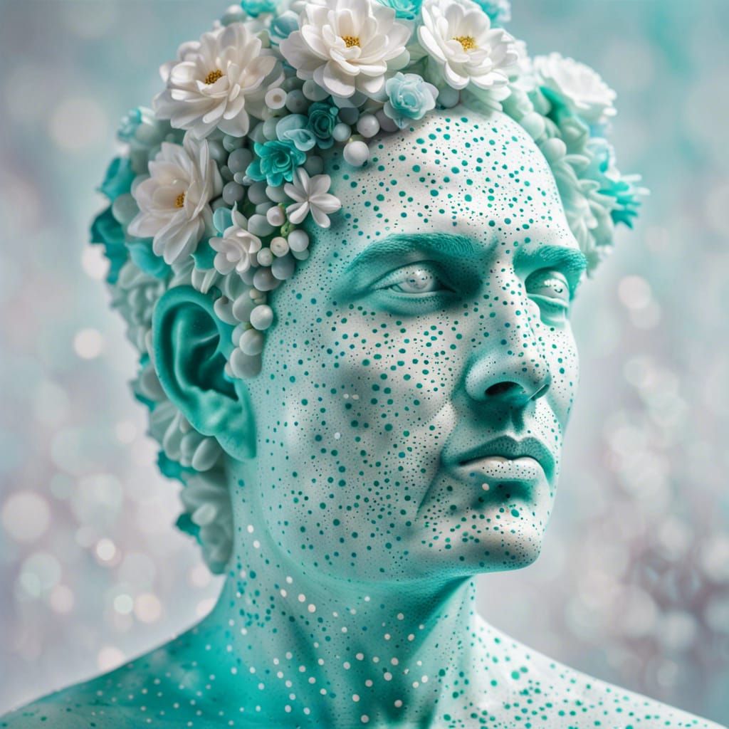 Marble Sculpture of Man with Flower, Hyperrealistic Splash A...