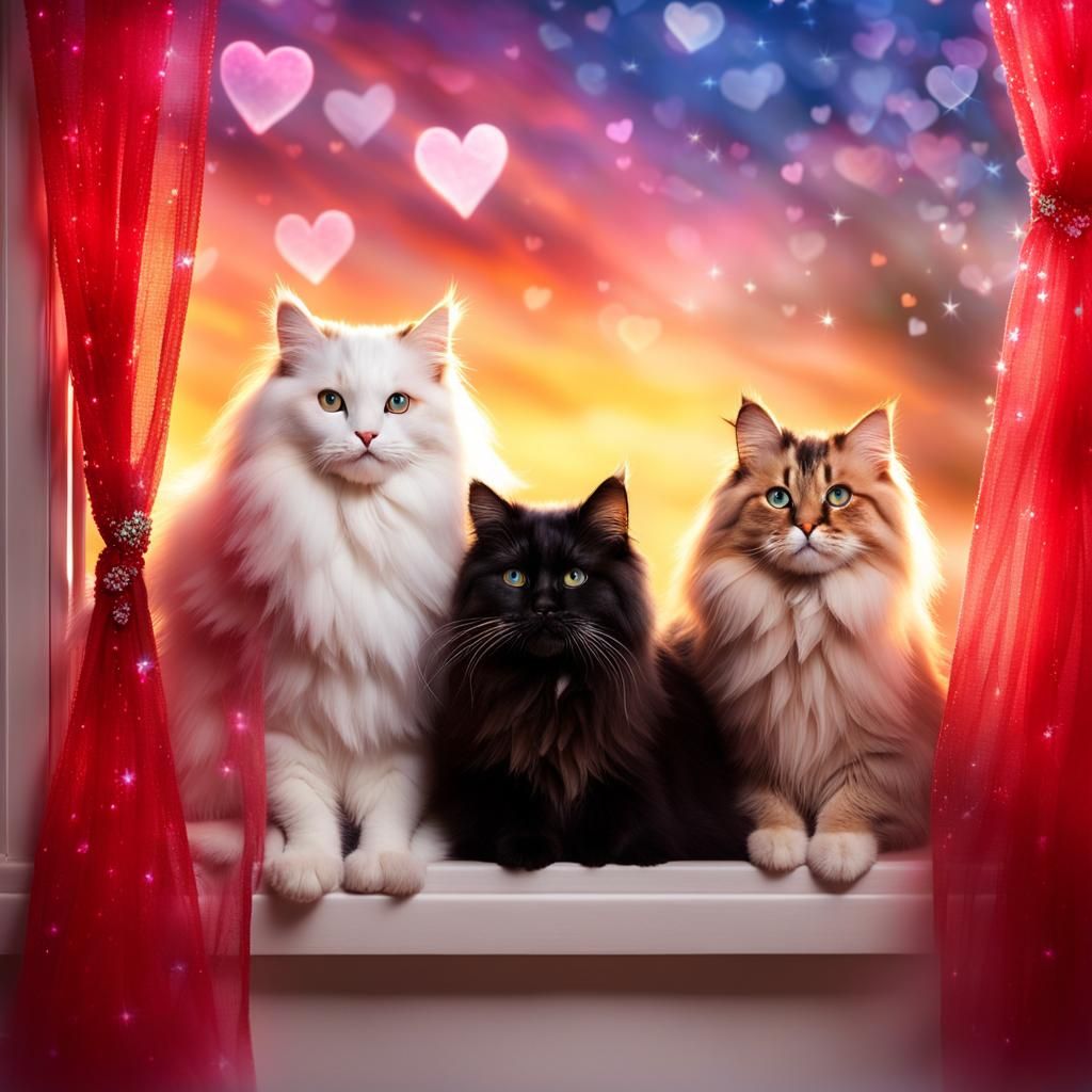 Two Fluffy Cats in Valentine's Window