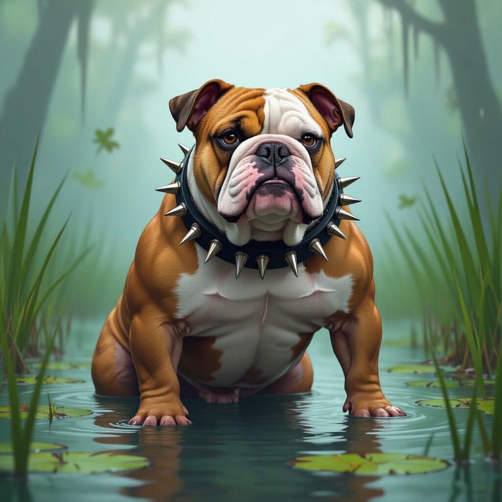 Bulldog-Bullfrog Hybrid in Vibrant Swamp
