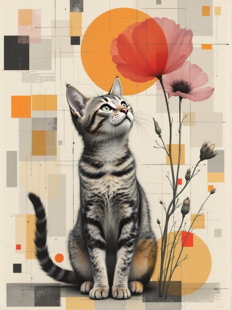 Raku Style Cat Under Flower with Geometric Blocks