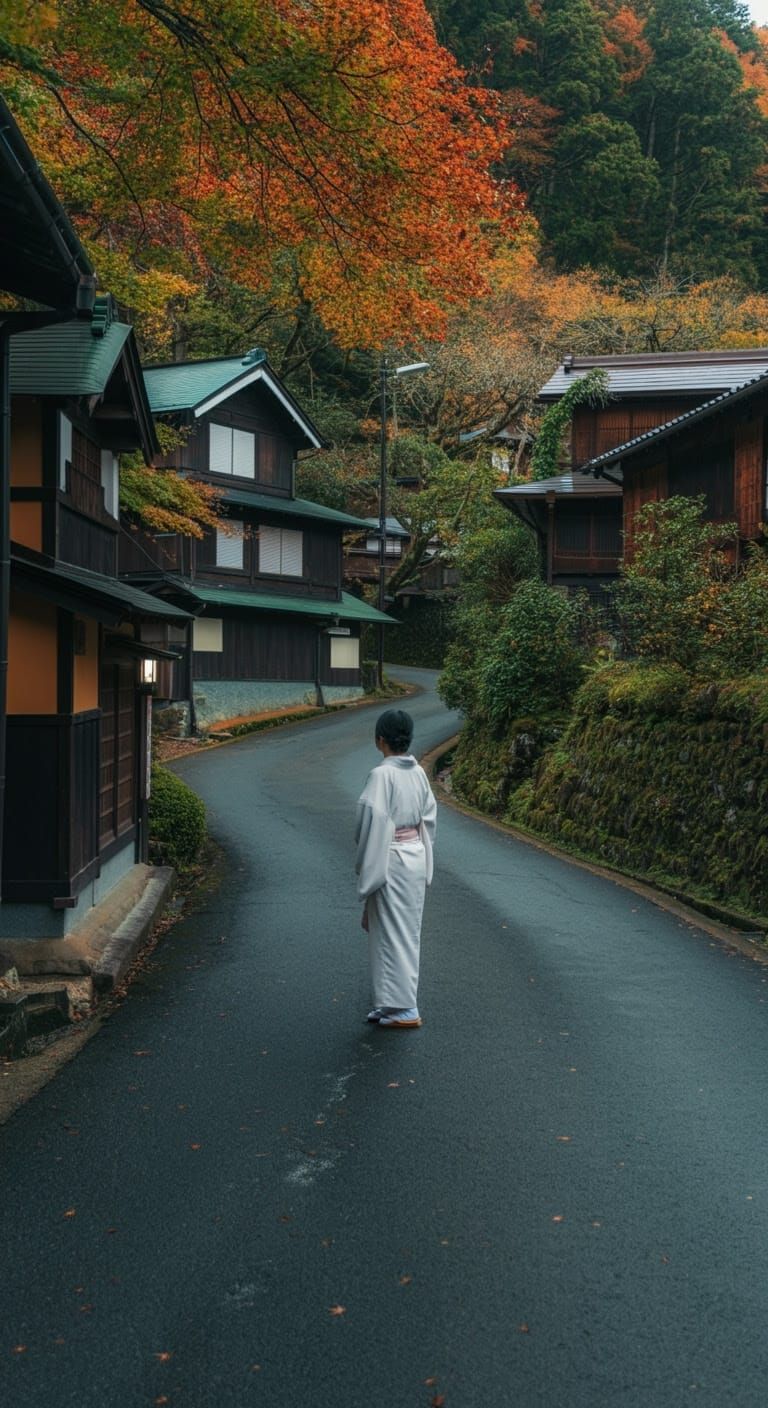 Japanese Woman on Winding Road in Autumn
