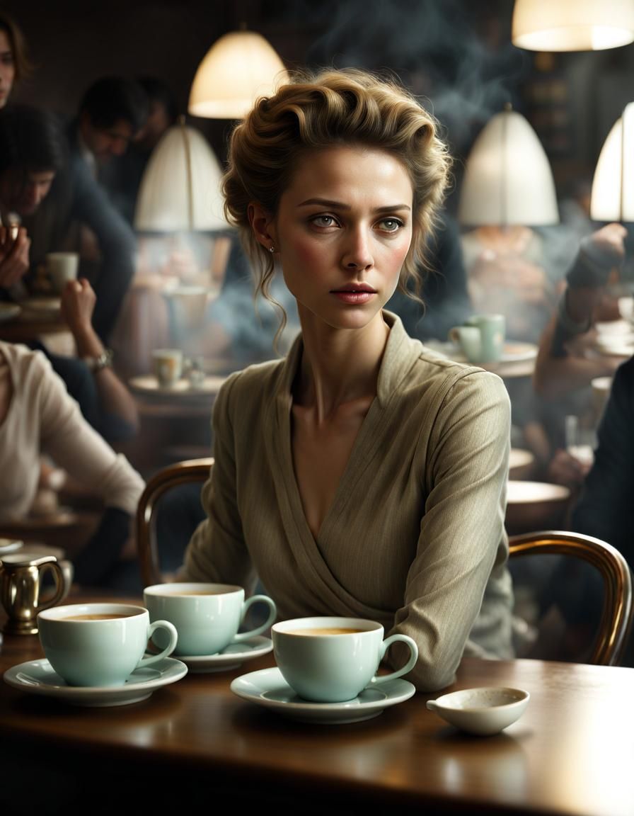 Alien Woman in Bizarre Cafe: Photorealistic Portrait