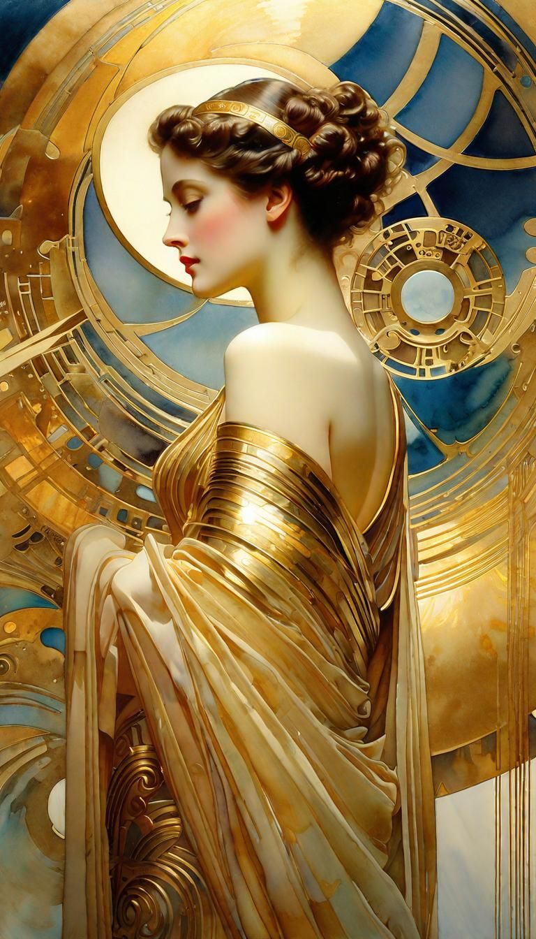 Majestic Ancient Machines in Watercolor Art Deco Style