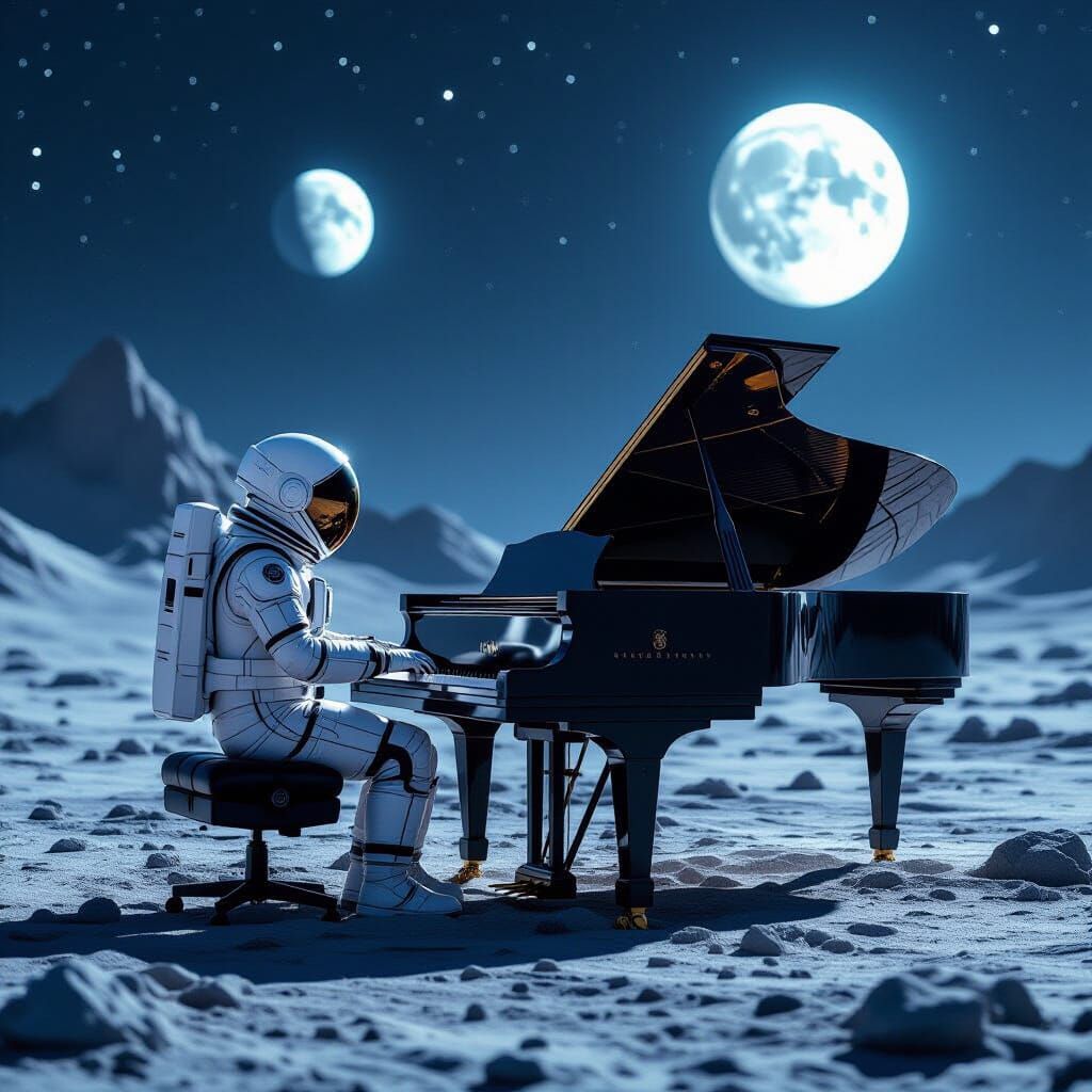 Astronaut Plays Piano on Alien Planet Under Twin Moons