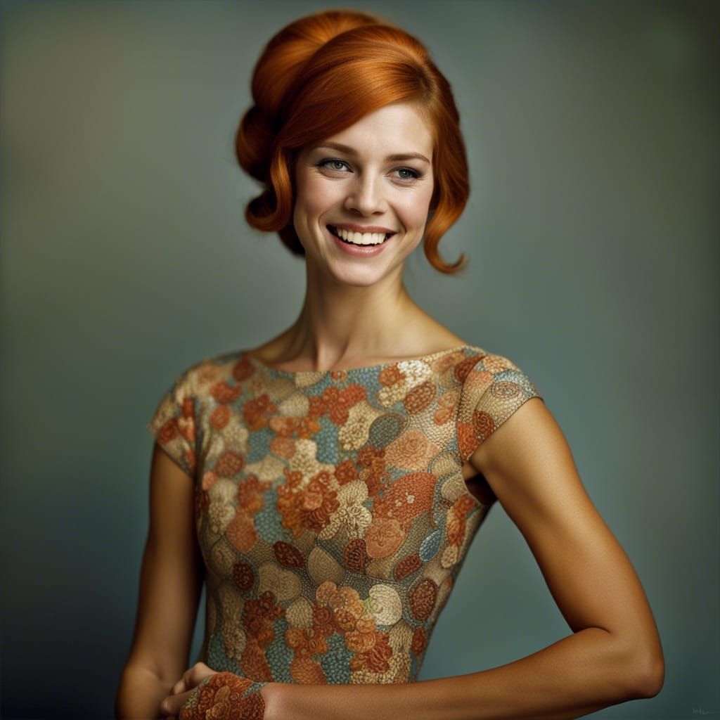 Smiling Woman in 1966 Dress: Photorealistic Portrait