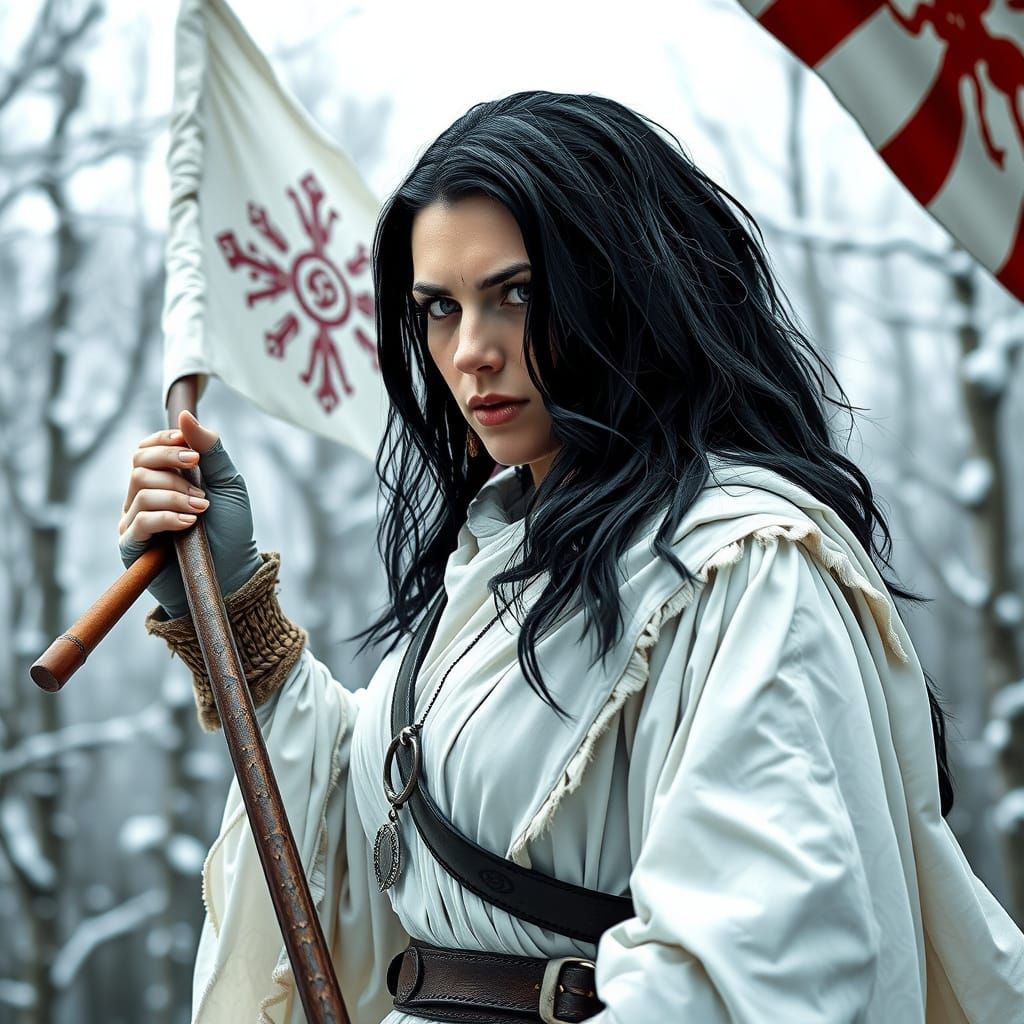 Menacing Woman Warrior with Macedonian Flag in Winter Forest