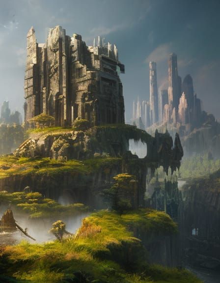 Epic Floating Island with Futuristic Arcane Tower, Photoreal...
