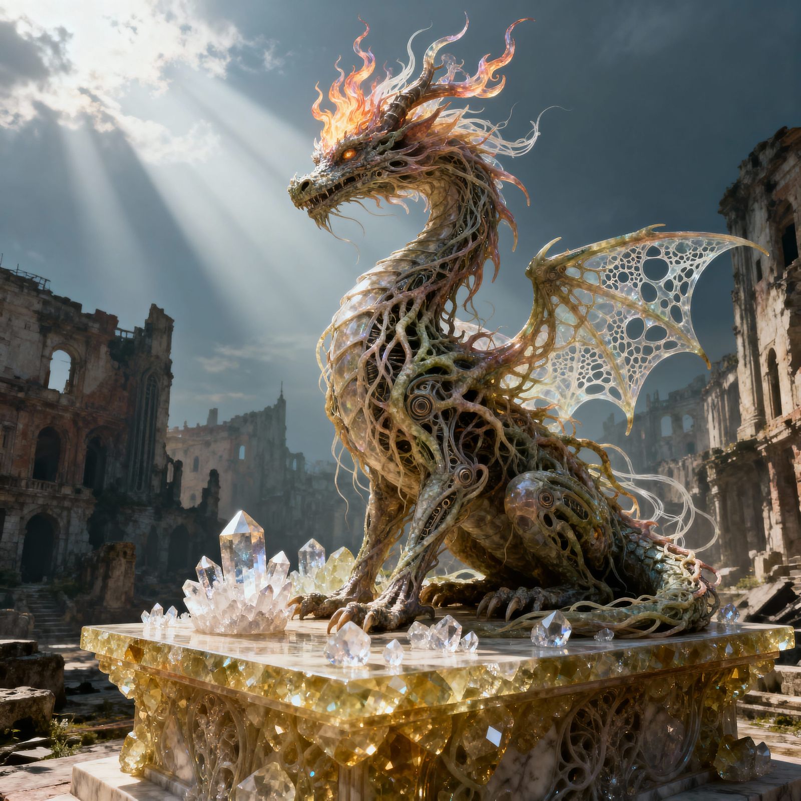 Biomorphic Dragon on Citrine Altar in Ruined City