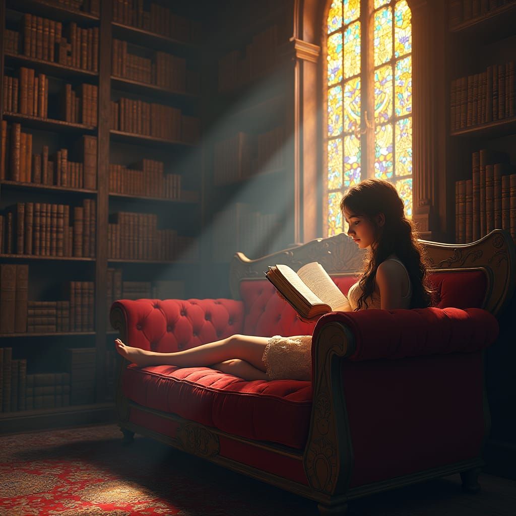Girl Reading Tome in Mystical Library