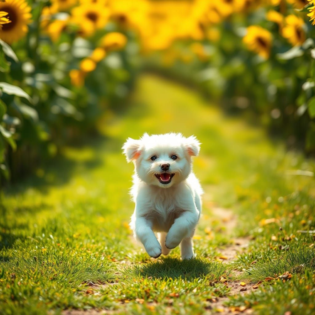 Joyful White Dog Running in Sunflower Field