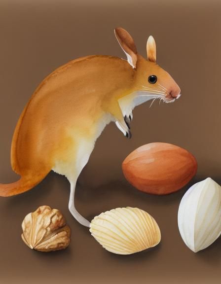 Kangaroo Rat and Walnuts in Watercolor Pencil