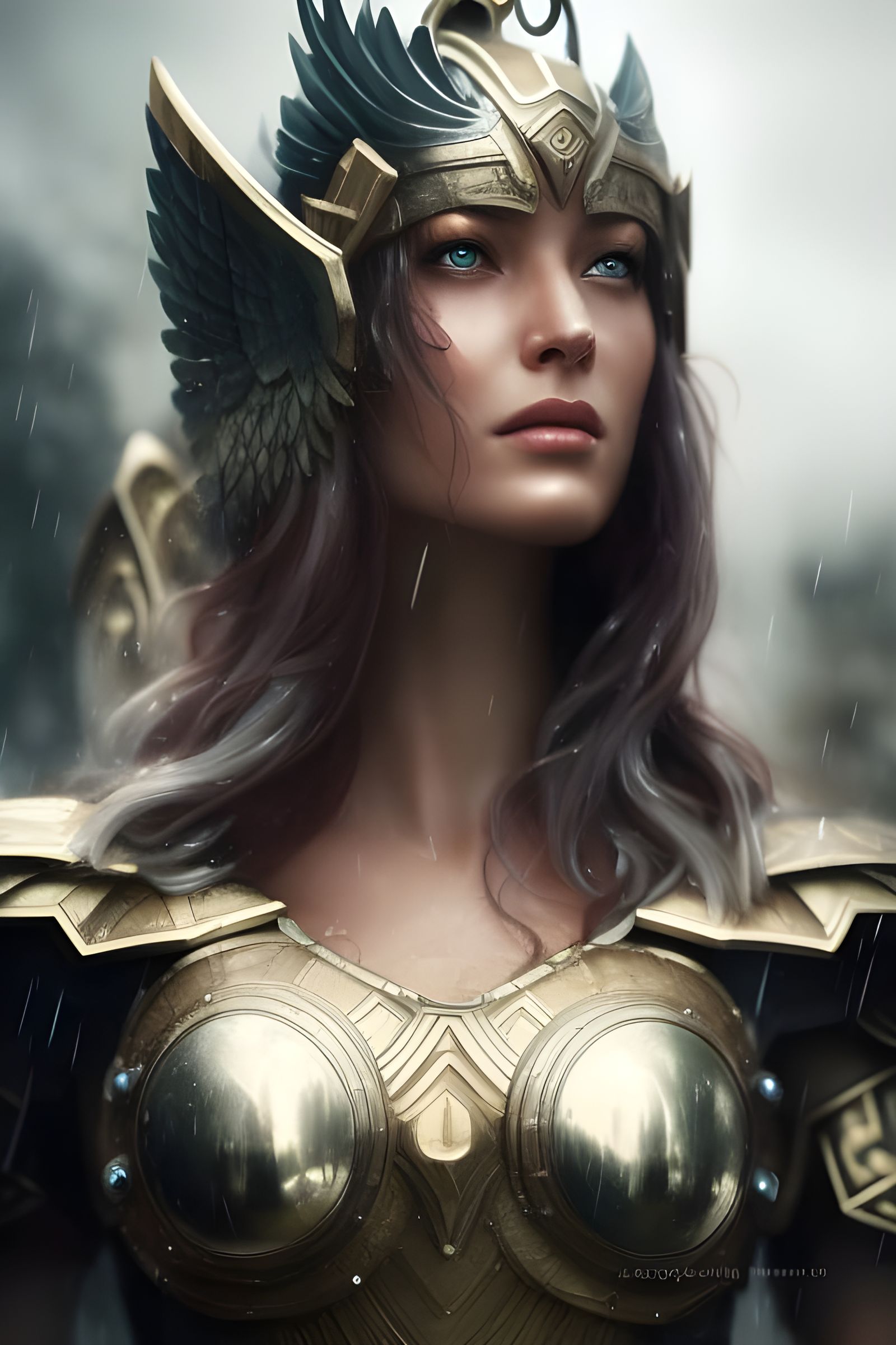 Valkyrie Warrior in Pouring Rain: Photorealistic Portrait