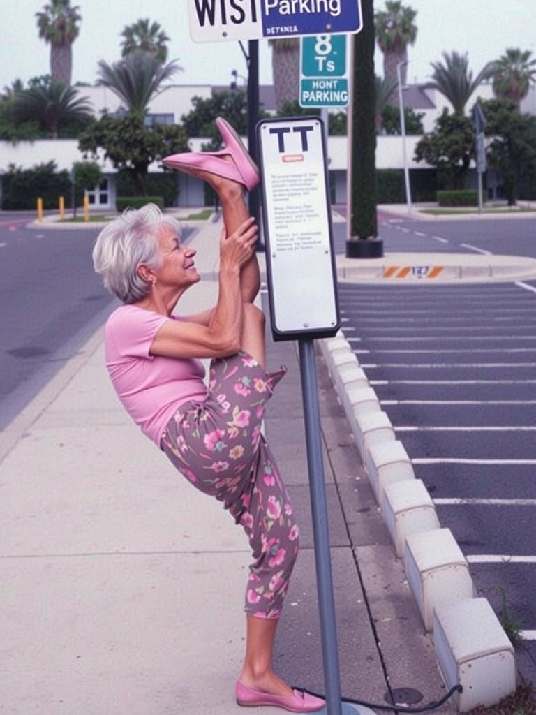 Elderly Woman's Joyful Leg Stretch in City Street Photograph...