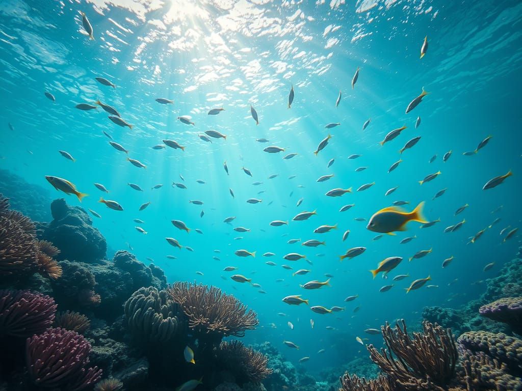 Vibrant Underwater World with Sunlight and Fish