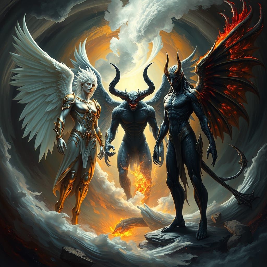 Ethereal Beings of Light and Darkness Confront the Hybrid