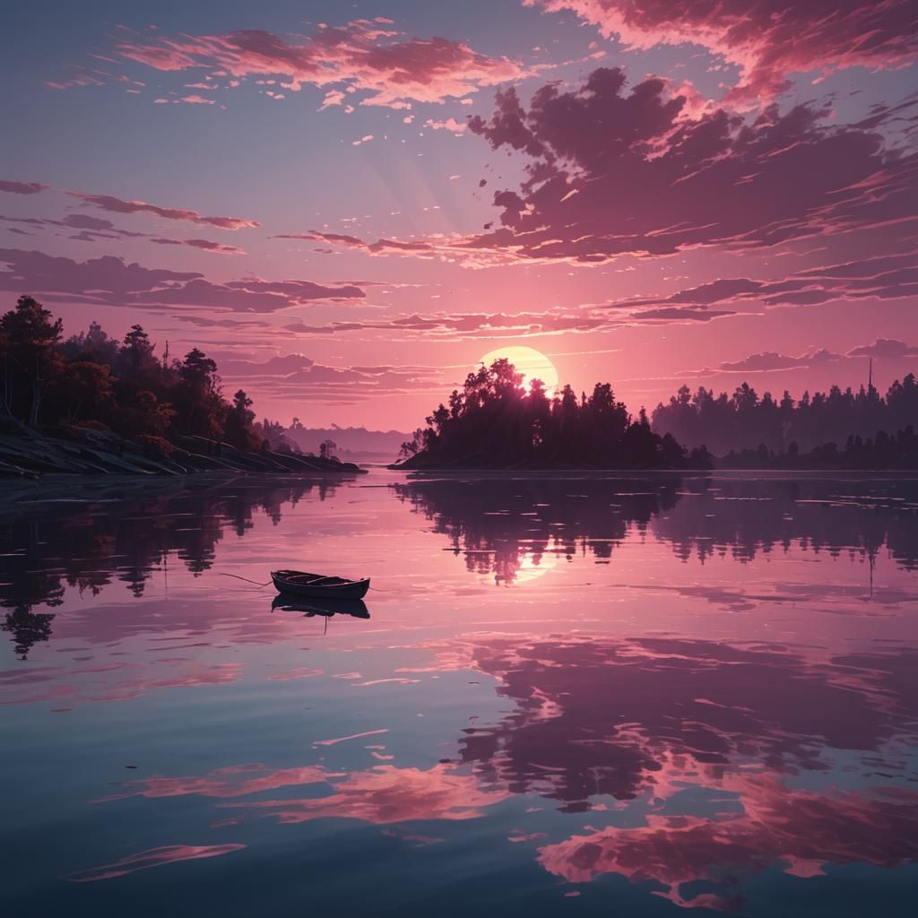 Pink Sunset Boat Reflection in Fantasy Art Style