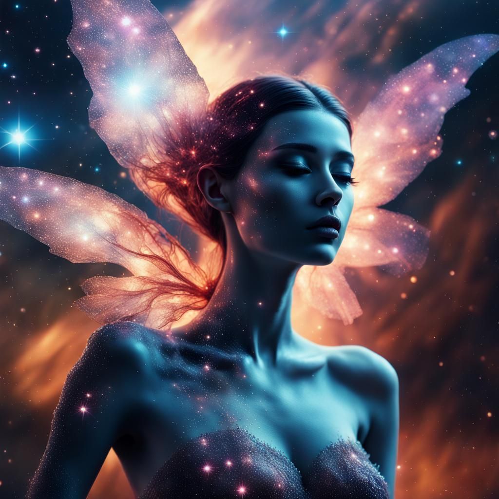 Insanely Photorealistic hypervisionary close up of a deatailed nebula Fairy silhouette Mix with cosmos with reflection o...