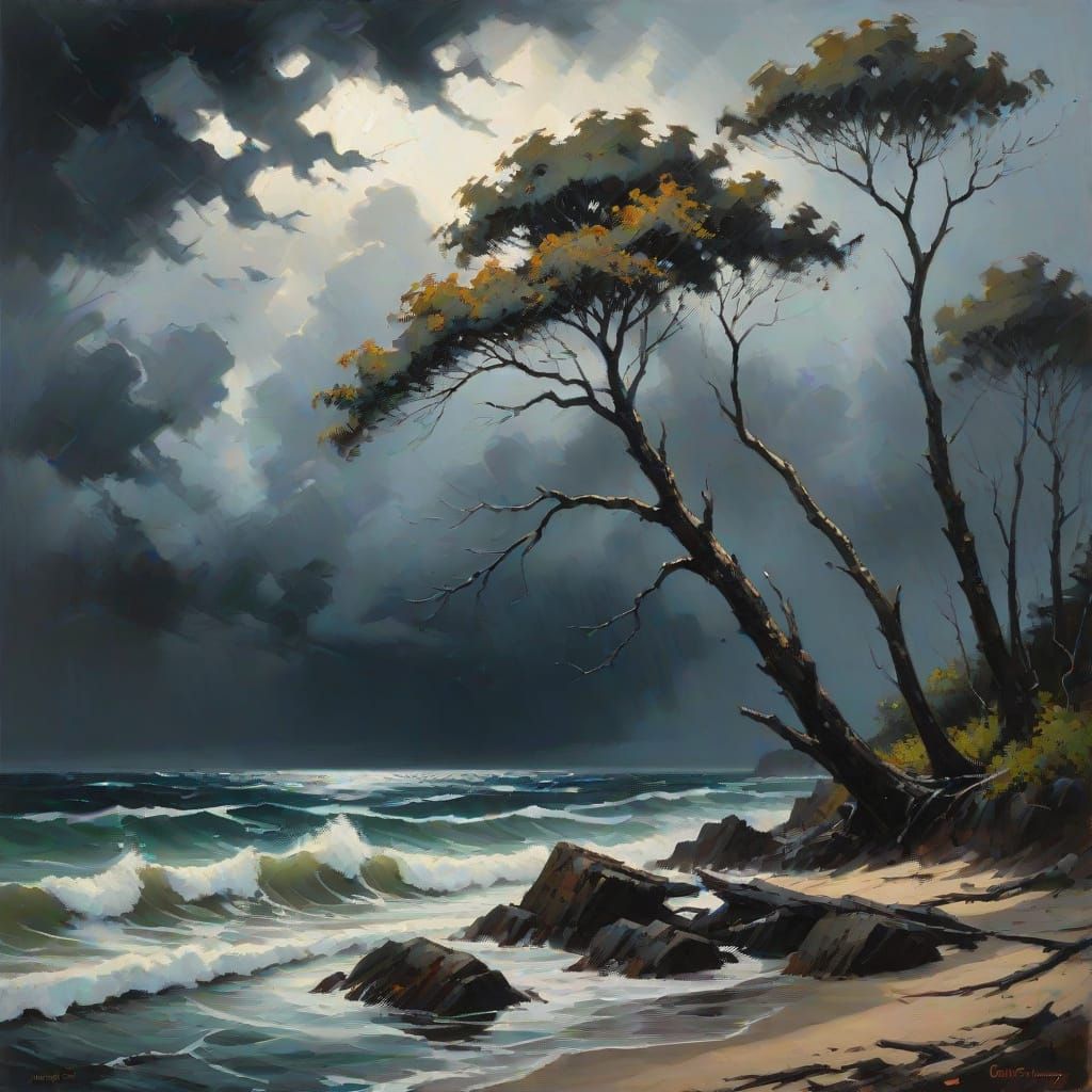 Dramatic Silhouetted Trees by a Rough Sea, Oil Painting