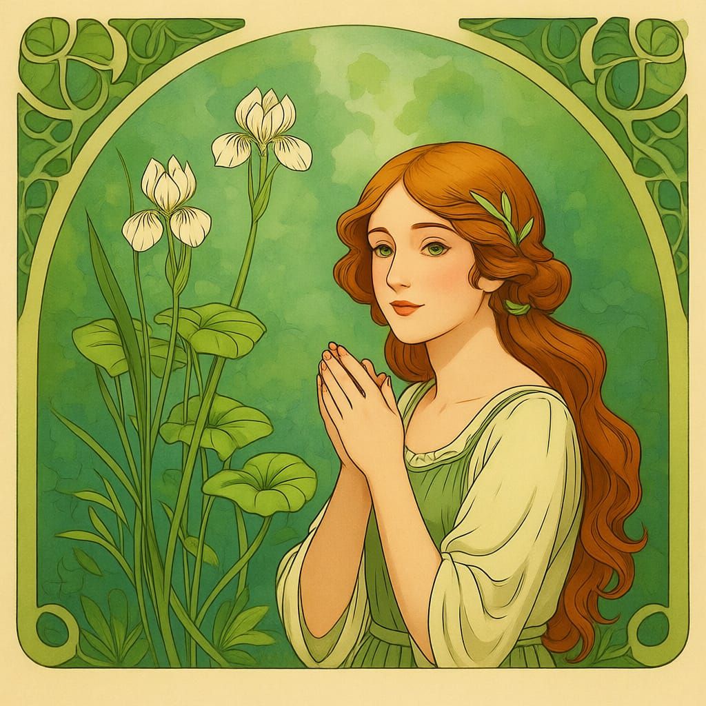 Art Nouveau Garden Portrait of Iris with Moss-Green Eyes
