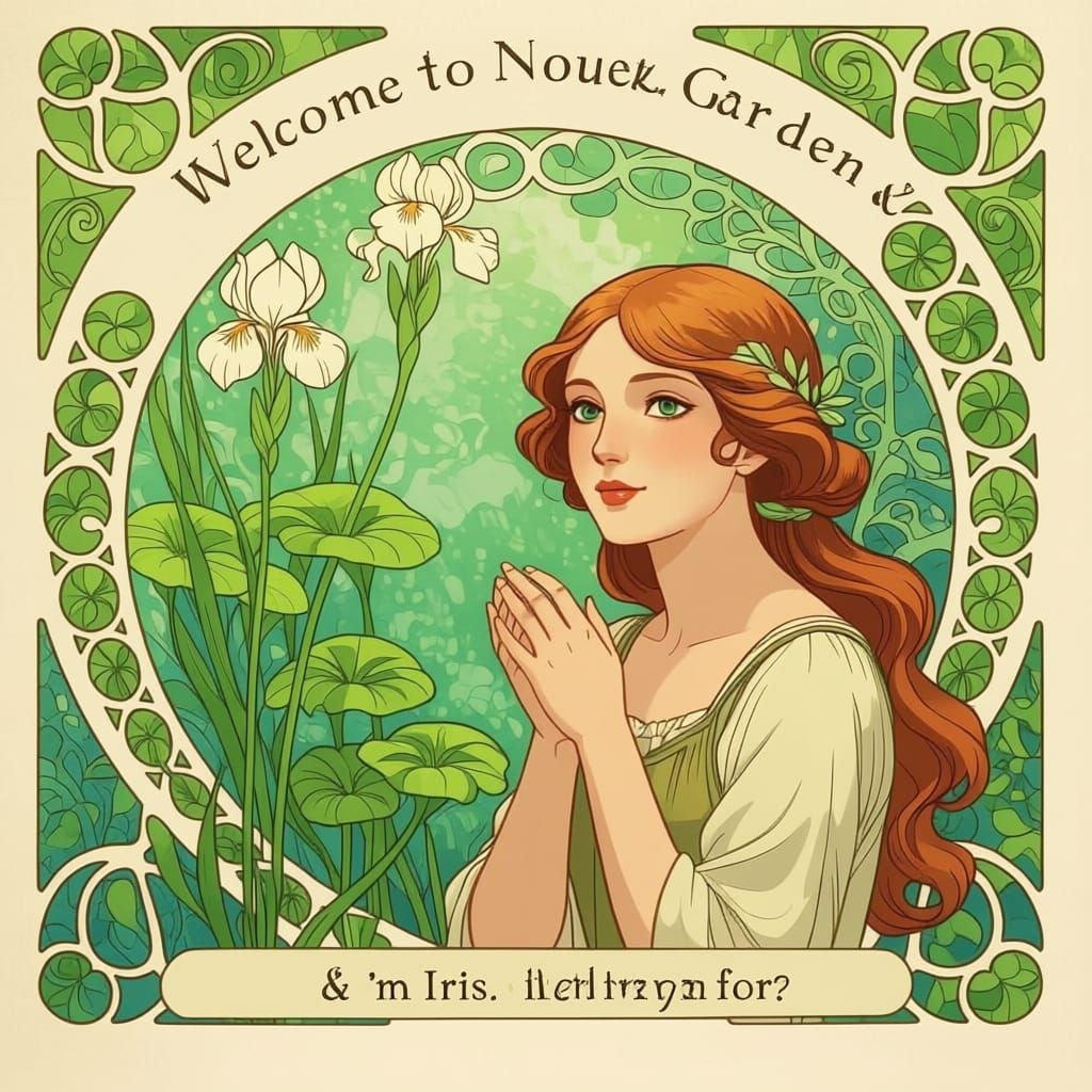 Art Nouveau Woman Greets Visitor in Enchanting Garden