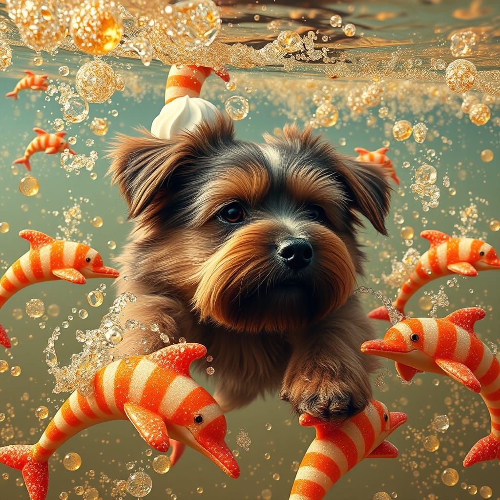 Dog Swimming in Soda Sea, Surreal Digital Art