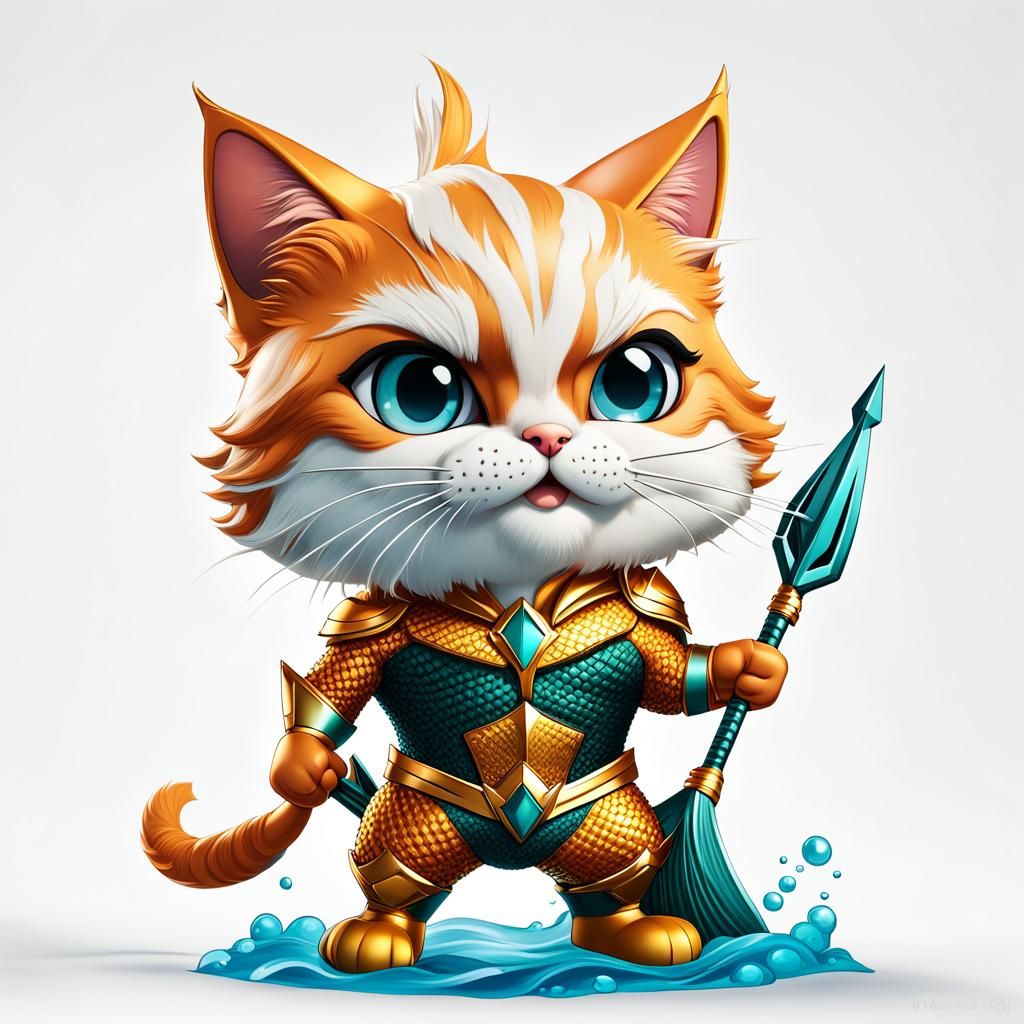 Chibi Cat as Aquaman Caricature