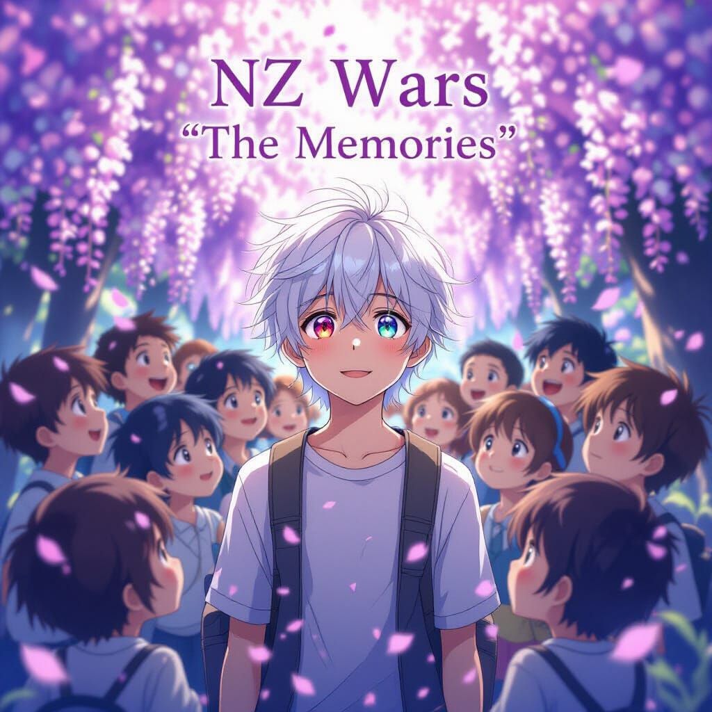 Boy with Rainbow Eyes Under Wisteria in Anime Style